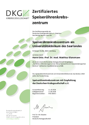 DKG-Urkunde Zertifizierung als Speiseröhrenkrebs-Zentrum 2024 - 2028
