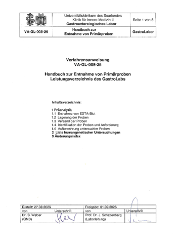 Handbuch Entnahme von Primärproben / Leistungsverzeichnis Gastrolabor