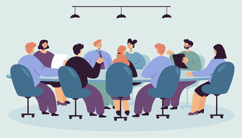 Illustration Personalrat mit großer Besprechungsrunde an einem Konferenztisch